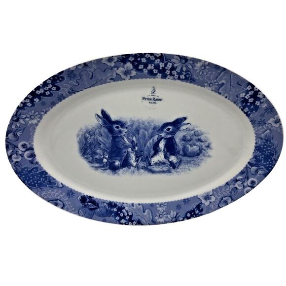 Beatrix Potter Peter Rabbit Blue Toile Porcelain Oval Serving Platter 14x9 NEW - Picture 5 of 6
